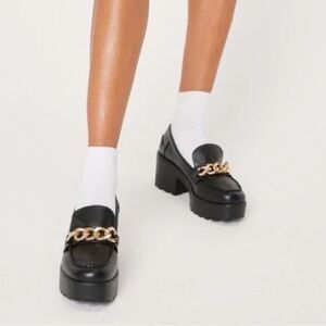 Guess Black Chunky Loafers with Gold Chain